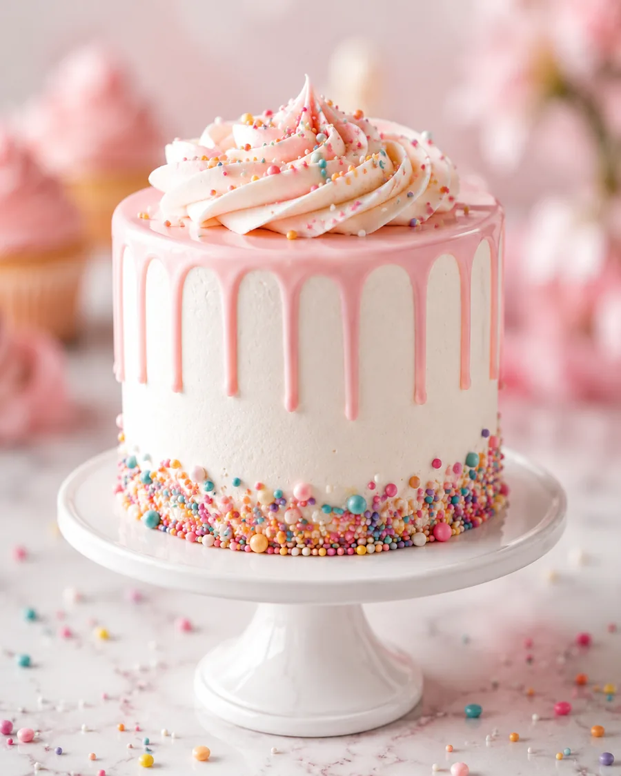 Pink drip celebration cake from Crumb Believable Bakery in North Brookfield, Massachusetts.
