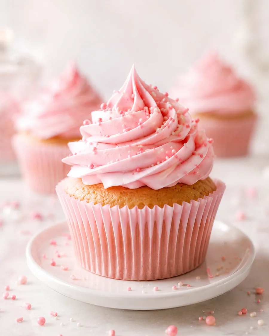 Pink frosted cupcake from Crumb Believable Bakery.